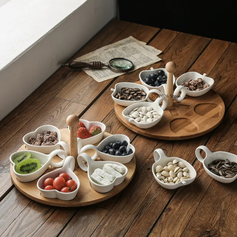 Ceramic separated fruit plate dessert bowl snack plate restaurant seasoning plate with rotating bamboo tray home snack plate
Ceramic separated fruit plate dessert bowl snack plate restaurant seasoning plate with rotating bamboo tray home snack plate