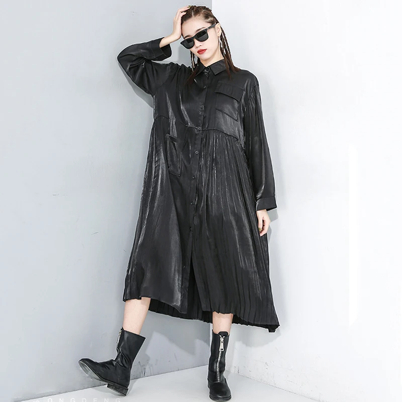 Women Black Pleated Split Big Size Dress New Lapel Long Sleeve Loose Fit Fashion Tide Spring Autumn 2021 1r169
Women Black Pleated Split Big Size Dress New Lapel Long Sleeve Loose Fit Fashion Tide Spring Autumn 2021 1r169