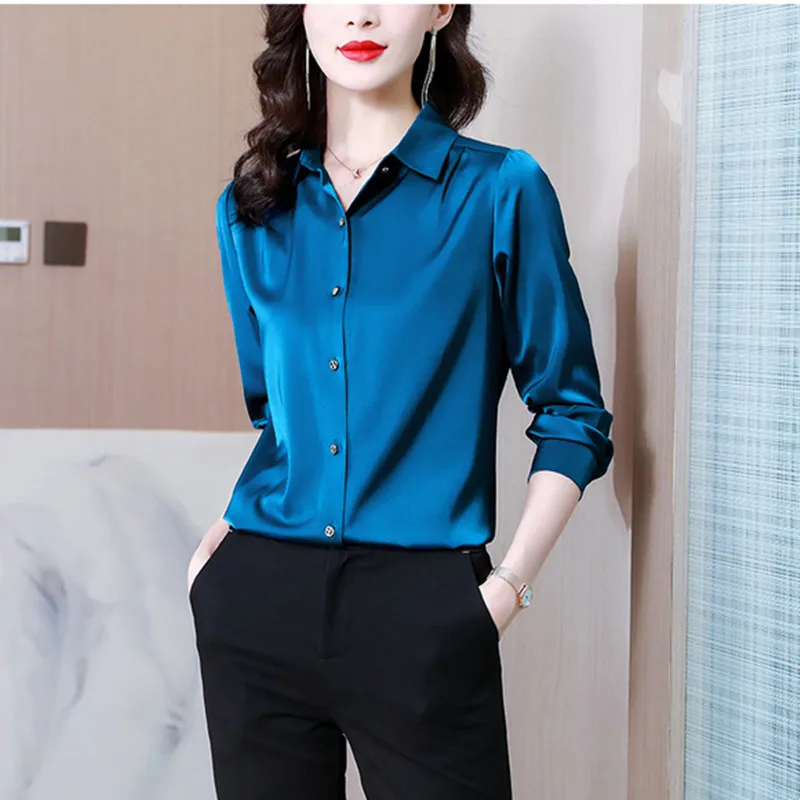 Silk Women's Shirt Vintage Solid Tops for Women Metal Button Up Polo Neck Women Clothing Long Sleeve Top Female Basic OL Shirts
Silk Women's Shirt Vintage Solid Tops for Women Metal Button Up Polo Neck Women Clothing Long Sleeve Top Female Basic OL Shirts
