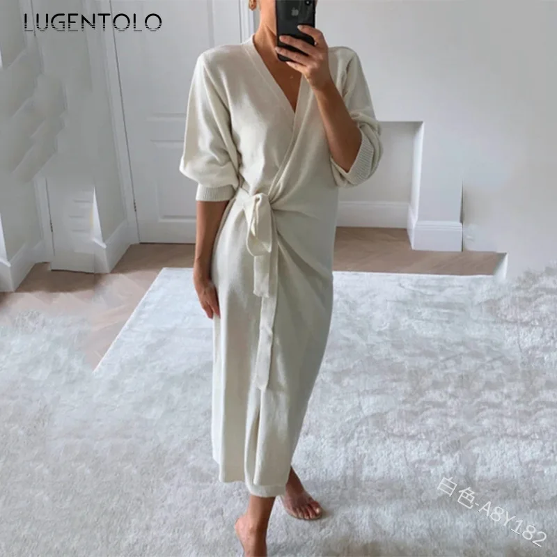 Lugentolo Women Knitted Dress Cardigan Long Sleeve V-neck Autumn Winter Solid Color Dress Female Elegant Casual Dress
Lugentolo Women Knitted Dress Cardigan Long Sleeve V-neck Autumn Winter Solid Color Dress Female Elegant Casual Dress