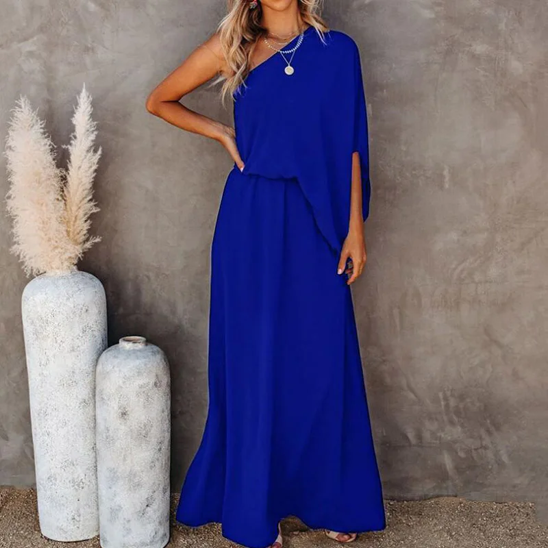 Women Elegant One Shoulder Dress 2021 Summer Skew Collar Slit Long Dress Office Ladies Casual Solid Loose Maxi Beach Dresses
Women Elegant One Shoulder Dress 2021 Summer Skew Collar Slit Long Dress Office Ladies Casual Solid Loose Maxi Beach Dresses