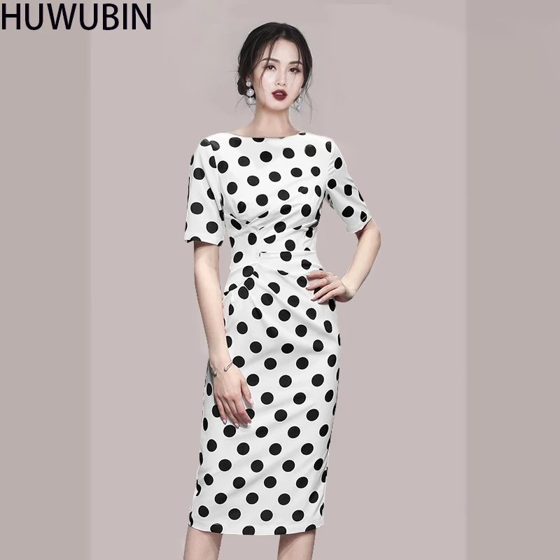 

Korean Summer Women's Chic Polka Dot Round Neck Temperament Slim Wall Fabric Medium Length Hip Bag Avant-Garde Fashion Dress