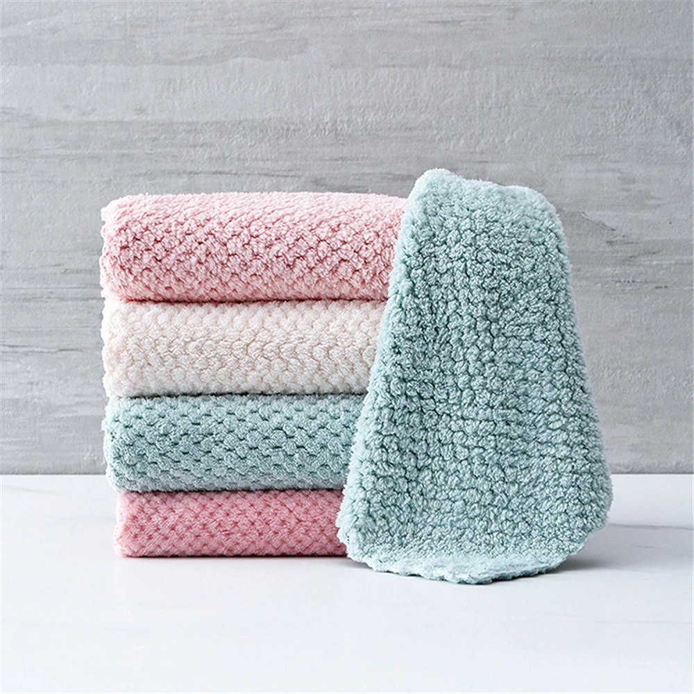 

4 Pcs Super Soft Pineapple Lattice Quick Absorbent Non-stick Oil Handkerchief Towels Hand Wipe Towel Dishcloth Rag Dish Cloth