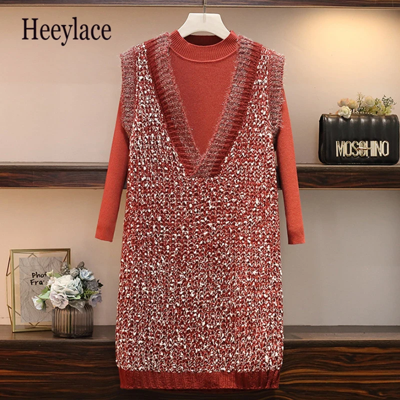 Plus Size Women Korean 2 Pieces Set Autumn Winter Warm Knitted Long Sleeve Sweater and Bright Silk Mini Dress Suit Dress Set
Plus Size Women Korean 2 Pieces Set Autumn Winter Warm Knitted Long Sleeve Sweater and Bright Silk Mini Dress Suit Dress Set