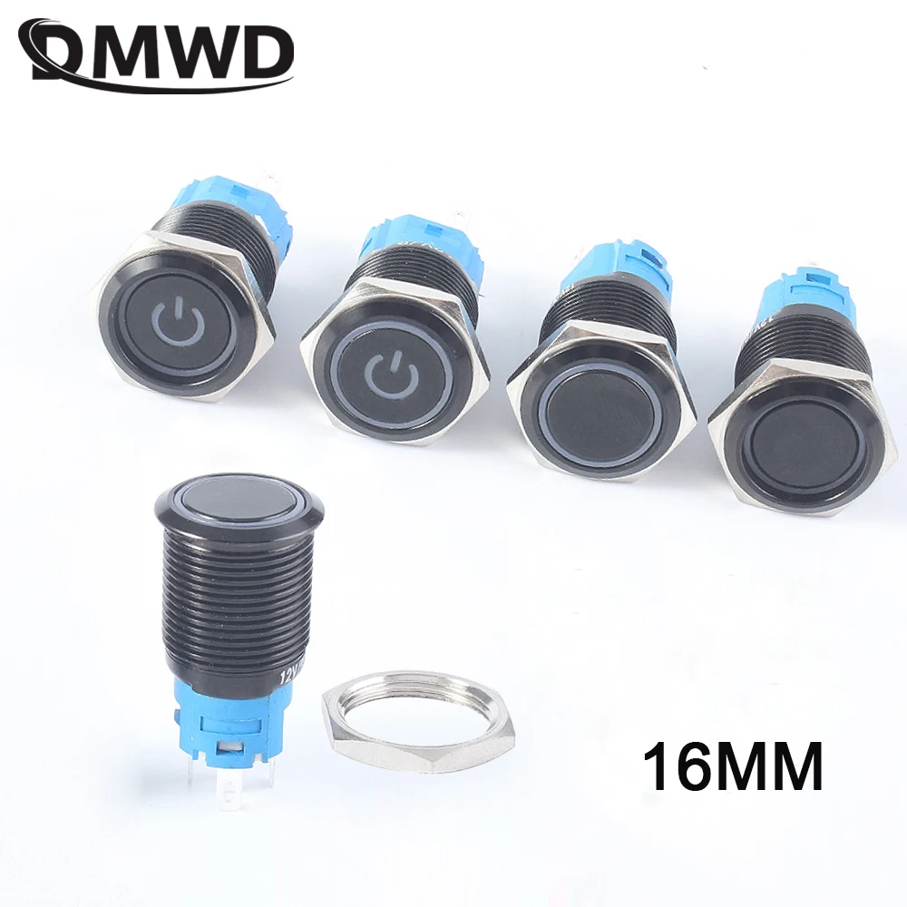 

16mm Black Push Button Switch Waterproof illuminated Led Light Metal Flat Momentary Latching Switches 3v6v12v24v220V