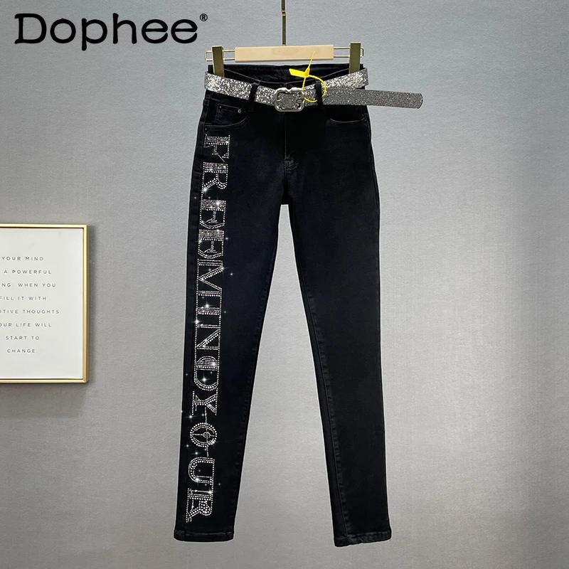 Black Letter Rhinestone Jeans Women 2021 New Autumn Winter Denim Pants Mid-Waisted Figure Flattering Stretch Skinny Pencil Pants
Black Letter Rhinestone Jeans Women 2021 New Autumn Winter Denim Pants Mid-Waisted Figure Flattering Stretch Skinny Pencil Pants