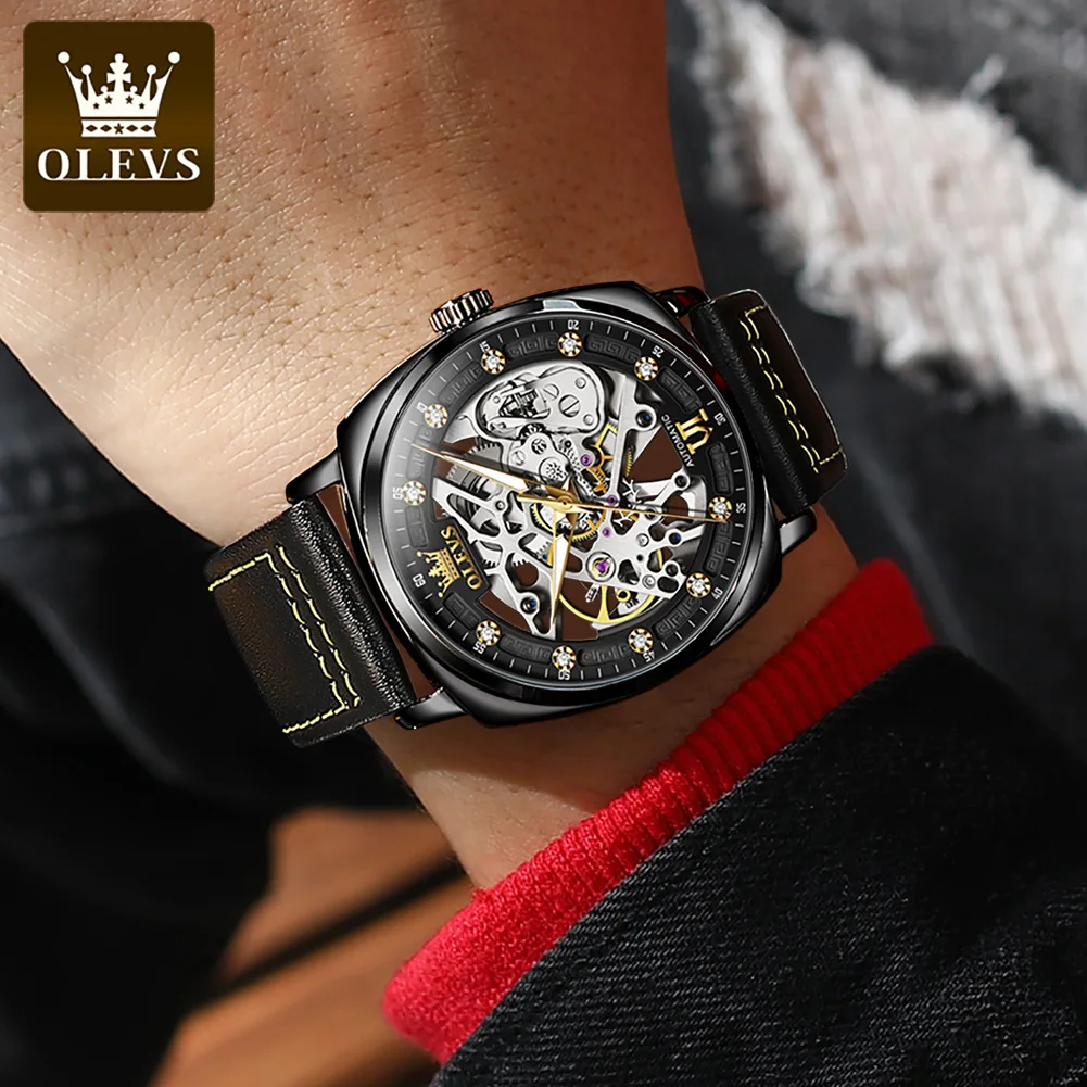 OLEVS Tonneau Mechanical Watches Men Leather skeleton Automatic Wristwatch Sports Waterproof Watches Relogio Masculino gift 6651
OLEVS Tonneau Mechanical Watches Men Leather skeleton Automatic Wristwatch Sports Waterproof Watches Relogio Masculino gift 6651