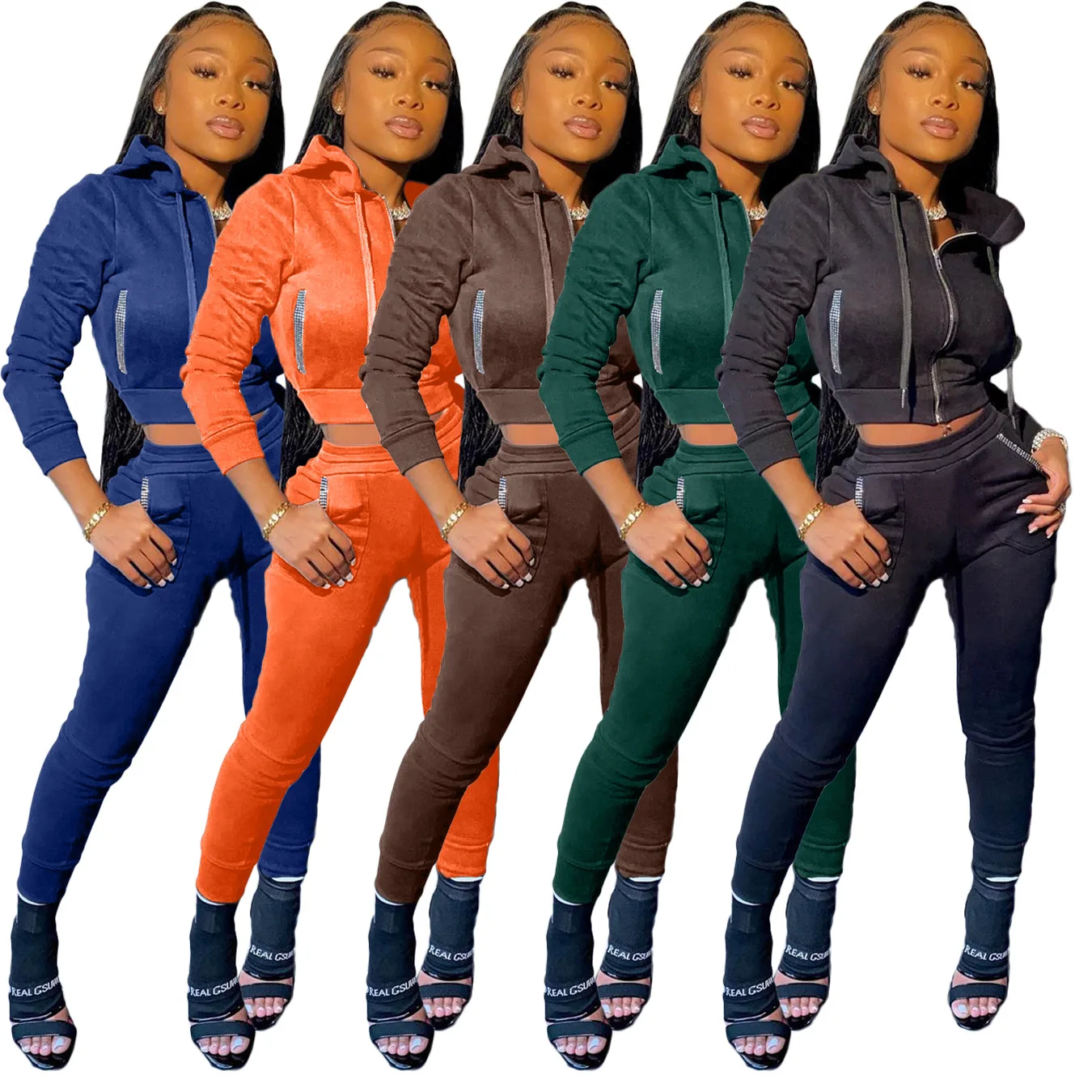 European and American women's hot drilling pocket casual sports sweater two-piece suit
European and American women's hot drilling pocket casual sports sweater two-piece suit