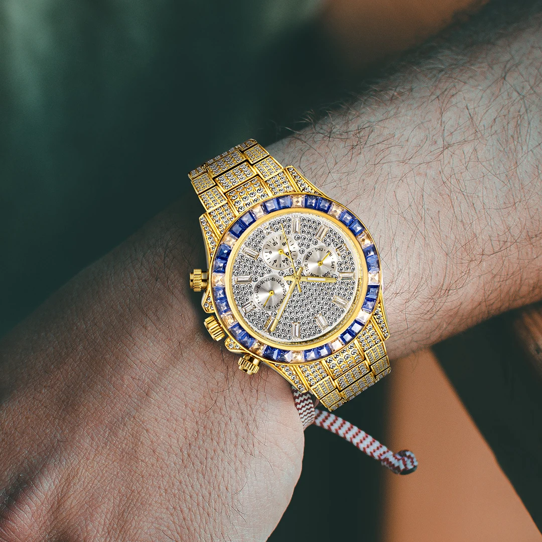 Часы MISSFOX Мужские Круглые Светящиеся золотые кварцевые модные в стиле хип-хоп со