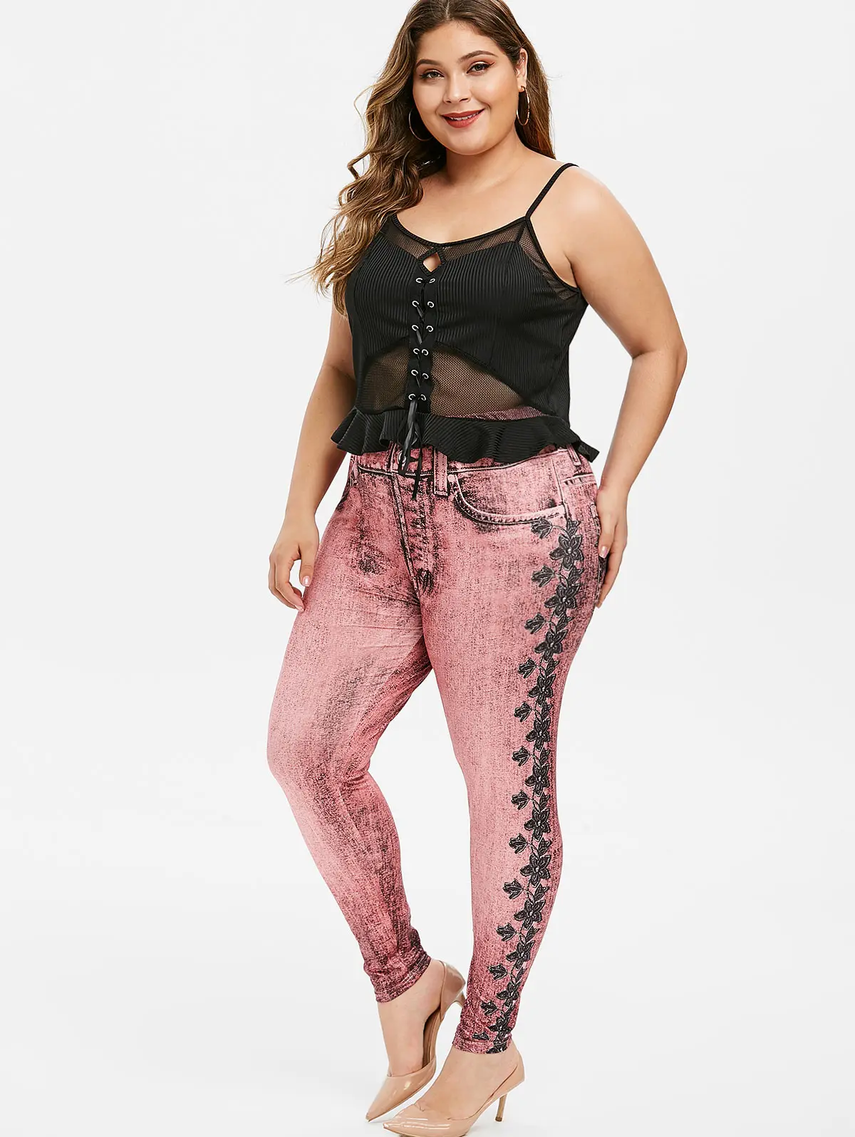 ROSEGAL Pull On Floral Printed Plus Size Jeggings Women Elastic Mid Waist Leggings Big Skinny Push Up Legins 5XL | Женская одежда
