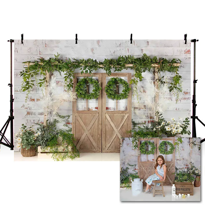 

Фон для фотосъемки Mehofond Весна кирпичная стена зеленые листья гирлянда деревянная дверь ребенок портрет фон для фотосъемки студия
