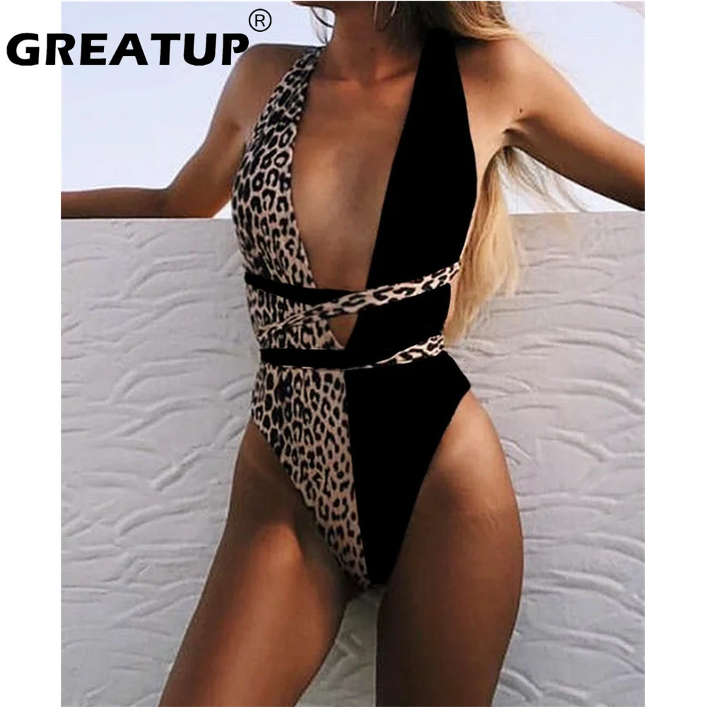 

GREATUP 2021 Sexy Plunging Swimsuit One Piece High Cut Swimwear Women Cross Bandage Beachwear Summer Backless Bathing Suit Women