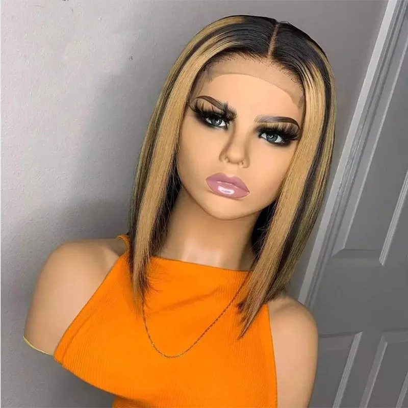 

Natural Hairline Remy Highlight Short Bob Soft 13x4/6 Lace Part Wig For Black Women With Baby Hair U part Daily Wigs Glueless