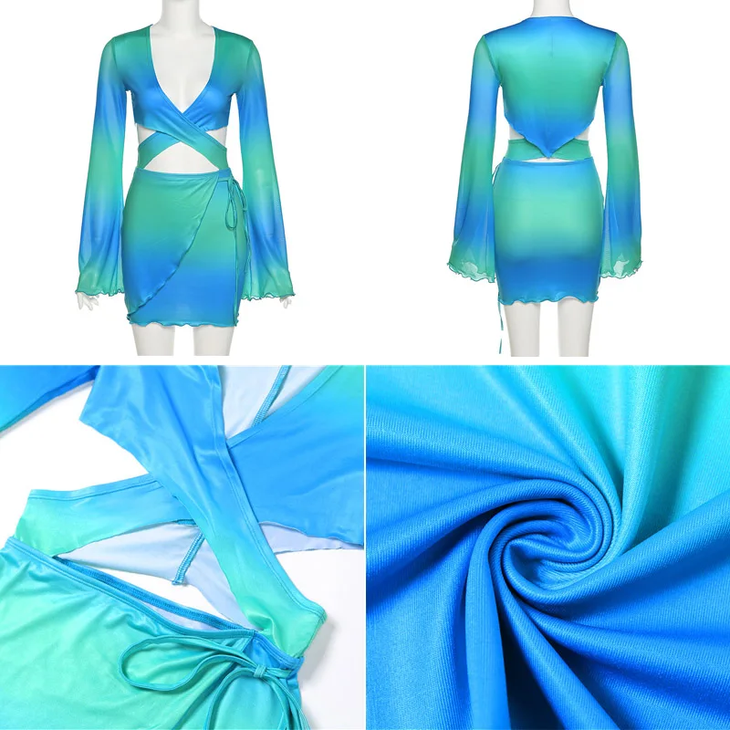 Tie Dye Wrap Mini Dress Sexy Hollow Out Long Sleeve Bodycon Dress Women Summer Boho Dress Beach Club Outfits
Tie Dye Wrap Mini Dress Sexy Hollow Out Long Sleeve Bodycon Dress Women Summer Boho Dress Beach Club Outfits