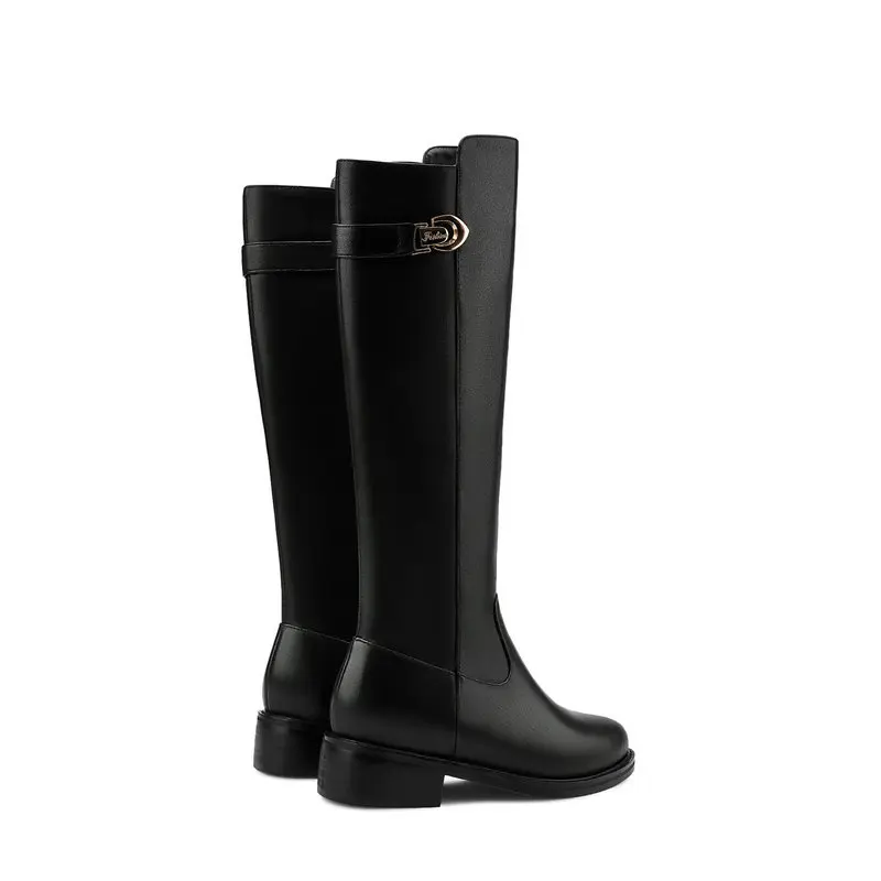 Genuine Leather Women Knee High Boots Round Toe Square Heels Shoes Woman 2020 Party casual Shoes woman