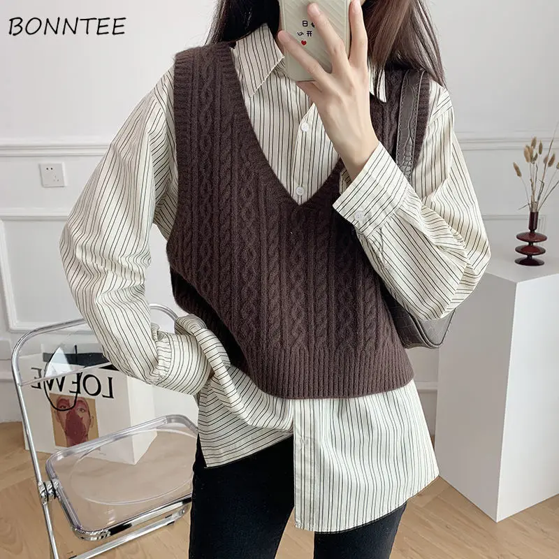 

Sweater Vests Women Korean Style Colorful V-neck Geometric Autumn Simple Design Unisex Cozy Classy Tender All-match Casual Girls