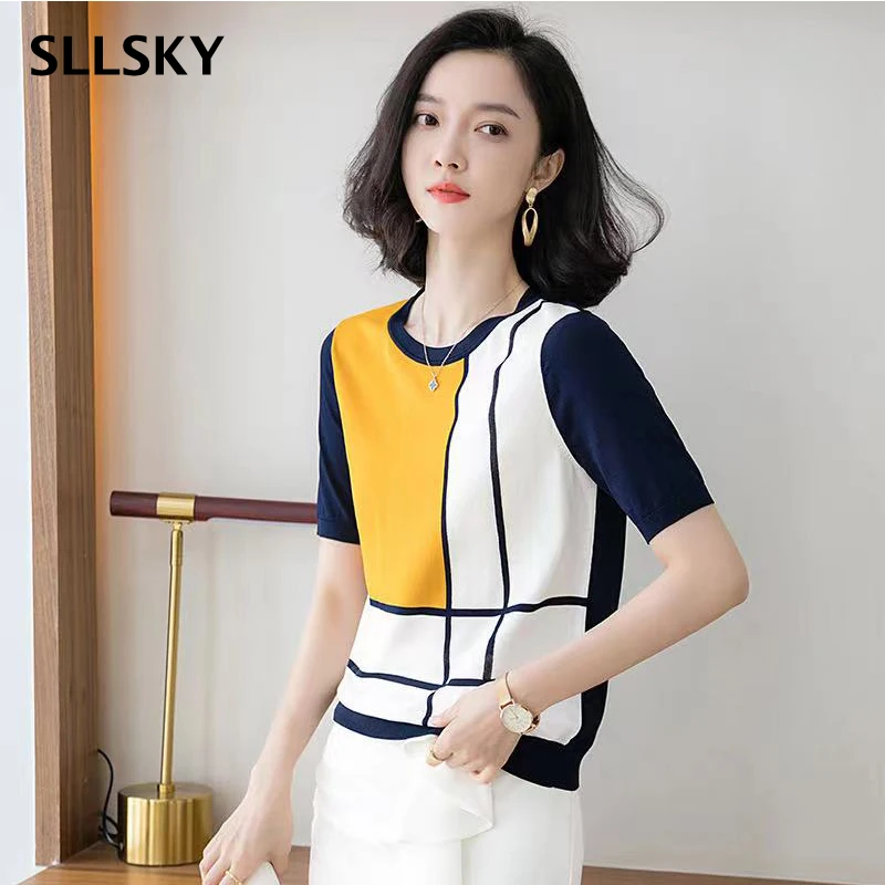 Sllsky Women Ice Silk Top T-shirt Urban Casual Elegant Short-Sleeved Round Neck Breathable Geometric Patterns Female Blouse
Sllsky Women Ice Silk Top T-shirt Urban Casual Elegant Short-Sleeved Round Neck Breathable Geometric Patterns Female Blouse