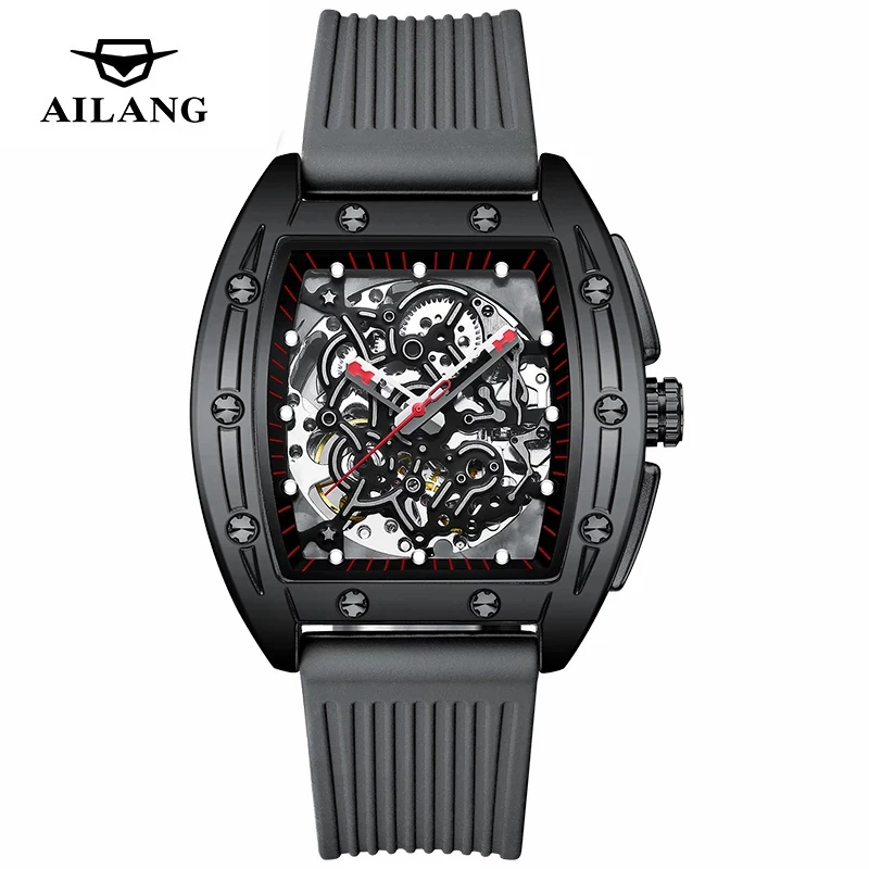

AILANG Top Brand Fashion Luxury Men's Square Automatic Mechanical Watches Silicone Strap Luminous Waterproof Hollow Watch 8616B