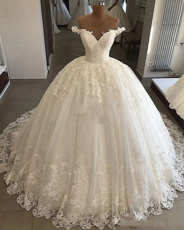 

Off Shoulder Arabic Dubai Princess Ball Gown Wedding Dresses Lace Applique Sweep Train abito da sposa vestido de novia