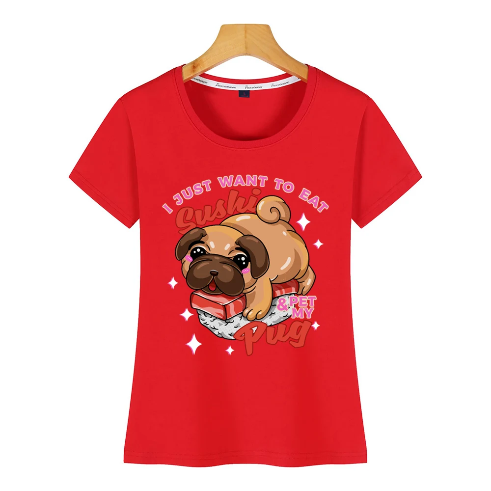 Женская футболка с надписью i just want to eat sushi pet my pug cute dog Kawaii Black | одежда