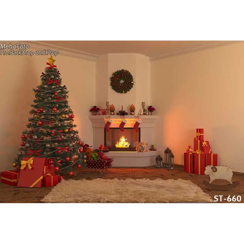 

7x5 футов Дерево красочные шары красные сапоги камин подарки Счастливого Рождества пользовательский фото студия фон винил 220 см x 150 см