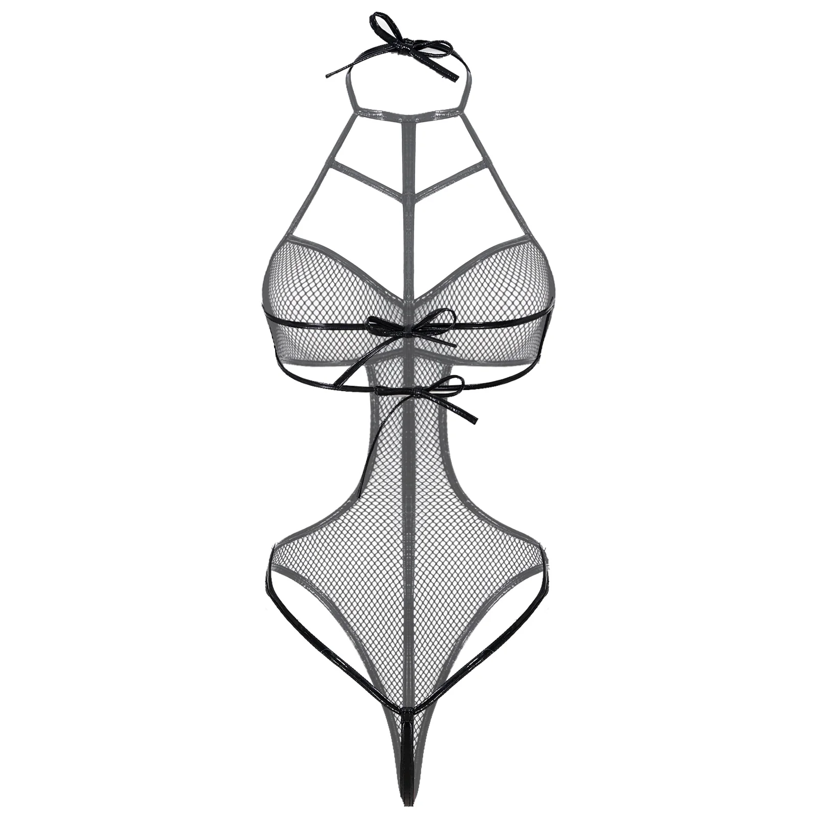 

Womens Lingerie Sexy Clothing Strappy Hollow Out Erotic Fishnet Bodysuit Halter Lace-up See-through Mesh Leotard Cutout Catsuit