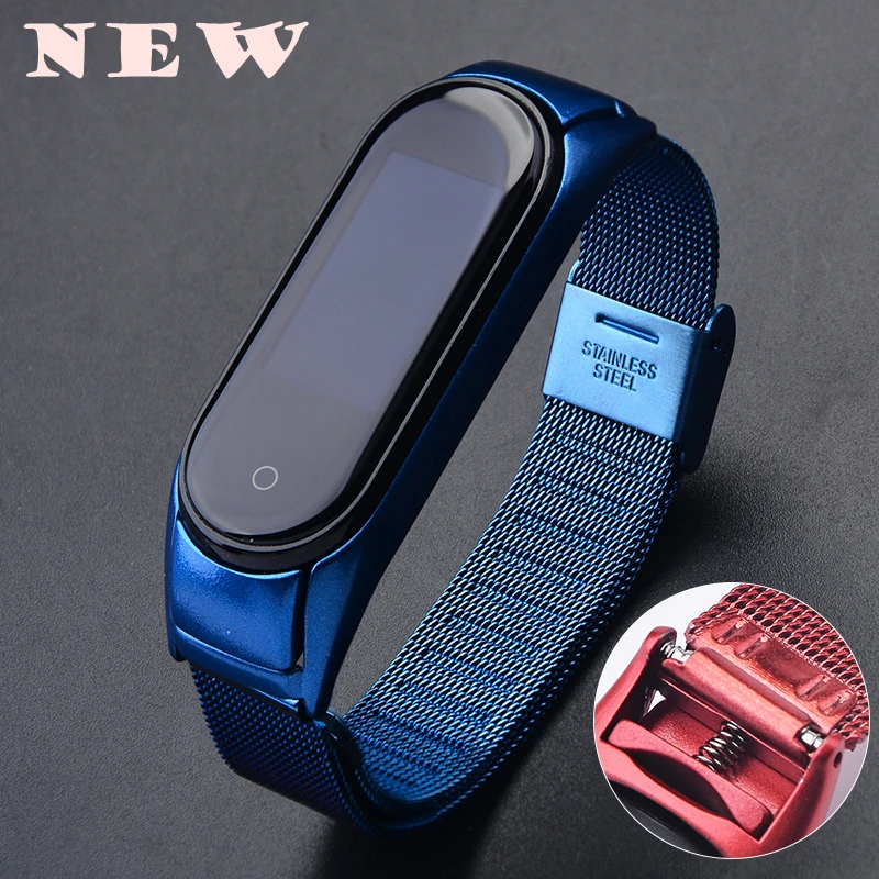 Металлический ремешок для браслета Xiaomi Mi Band 4 стальной с пряжкой синий защитный