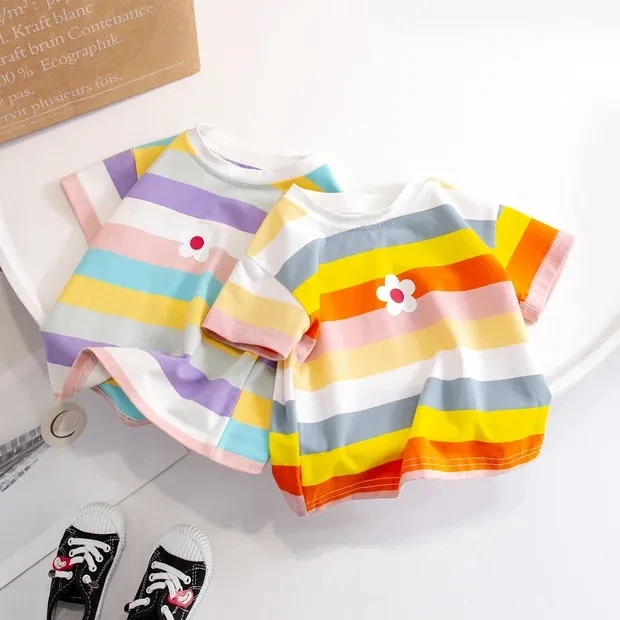 Girls Summer Short Sleeve T-Shirt new Daisy Rainbow Striped short sleeve baby girls summer children cotton casual tops P4 302
Girls Summer Short Sleeve T-Shirt new Daisy Rainbow Striped short sleeve baby girls summer children cotton casual tops P4 302