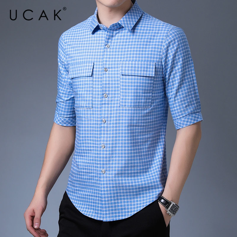 Мужская рубашка с отложным воротником UCAK летняя в клетку коротким рукавом одежда
