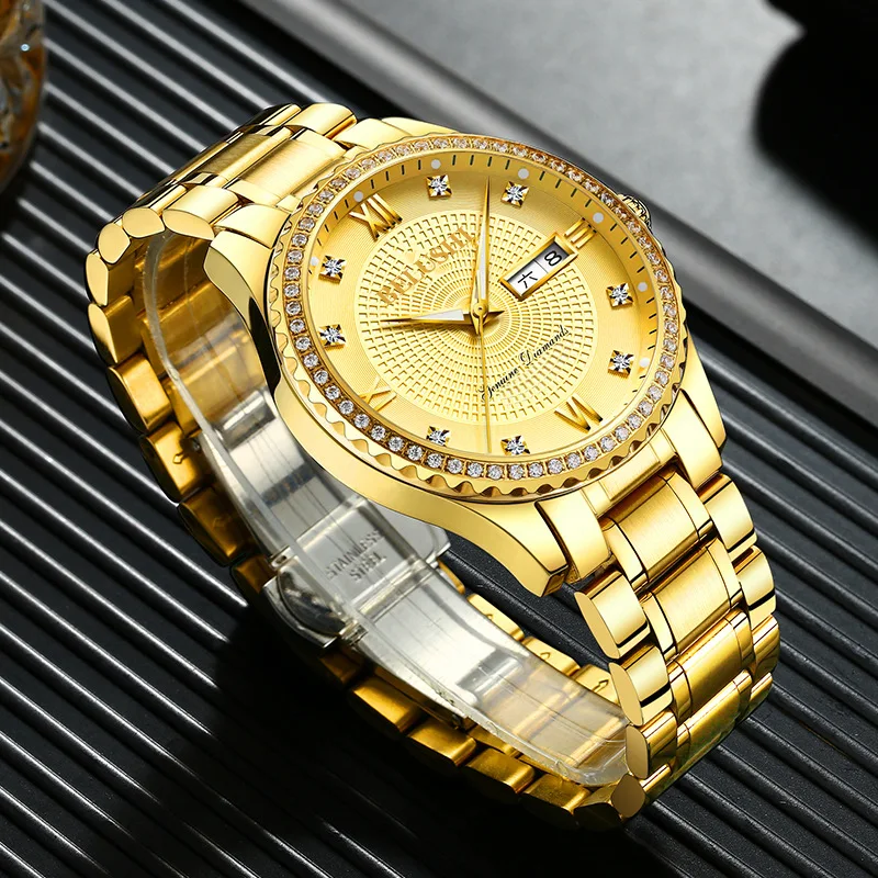 2021 New Products Listed Foreign Trade Explosion Luminous Quartz Watch Fine Steel Waterproof Business Diamond Gold Men's Watch
2021 New Products Listed Foreign Trade Explosion Luminous Quartz Watch Fine Steel Waterproof Business Diamond Gold Men's Watch