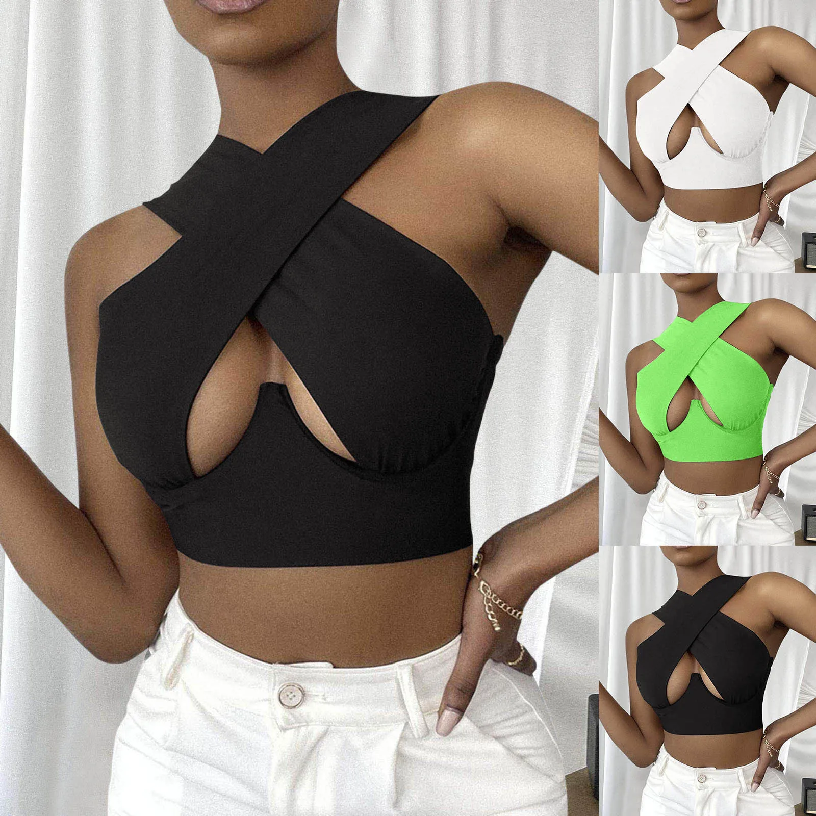 62# 2021 Sexy Women's Tank Top Crisscross Cut Out Vest Halter Wrap Crop Top Solid Cami Tank Tops Summer Tops for Bar&Party
62# 2021 Sexy Women's Tank Top Crisscross Cut Out Vest Halter Wrap Crop Top Solid Cami Tank Tops Summer Tops for Bar&Party