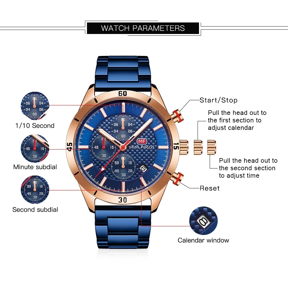 MINI FOCUS Men's Watches Fashion Luxury Stainless Steel Chronograph Quart Watch Man Blue Wristwatch Luminous Hands Reloj 0283
MINI FOCUS Men's Watches Fashion Luxury Stainless Steel Chronograph Quart Watch Man Blue Wristwatch Luminous Hands Reloj 0283