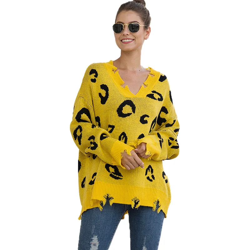 2020 Leopard Print Pullover Knitted Sweater New V-neck Hole Sweater Female Explosive Sweaters Europe And America Sweater Women
2020 Leopard Print Pullover Knitted Sweater New V-neck Hole Sweater Female Explosive Sweaters Europe And America Sweater Women