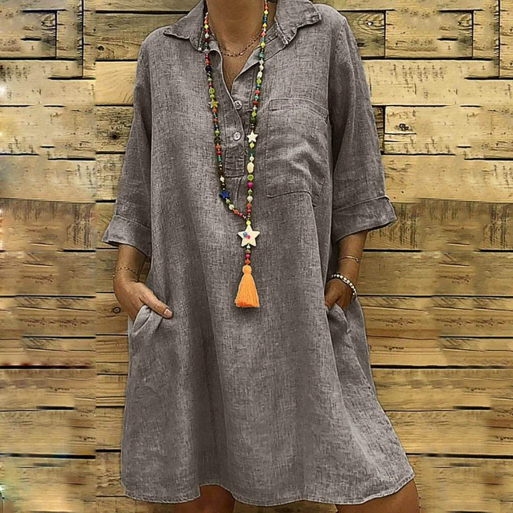 Women's Solid Boho Turn-down Collar Dress 3/4 Sleeve Casual Pocket Button Dress Dresses For Women 2021 Сарафаны Женские Летние
Women's Solid Boho Turn-down Collar Dress 3/4 Sleeve Casual Pocket Button Dress Dresses For Women 2021 Сарафаны Женские Летние