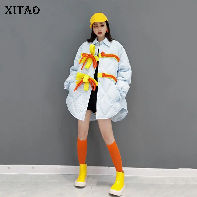 

XITAO модные контрастные цветные пуховые пальто, индивидуальный бандаж, бант, пуговицы, Сращивание, свободные, большие размеры, для женщин, нов...
