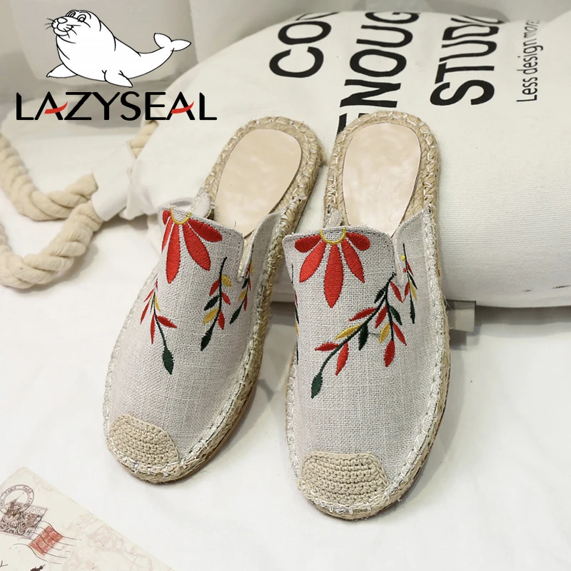 Сланцы LazySeal женские с вышивкой пеньковые плоские полутапочки без застежки
