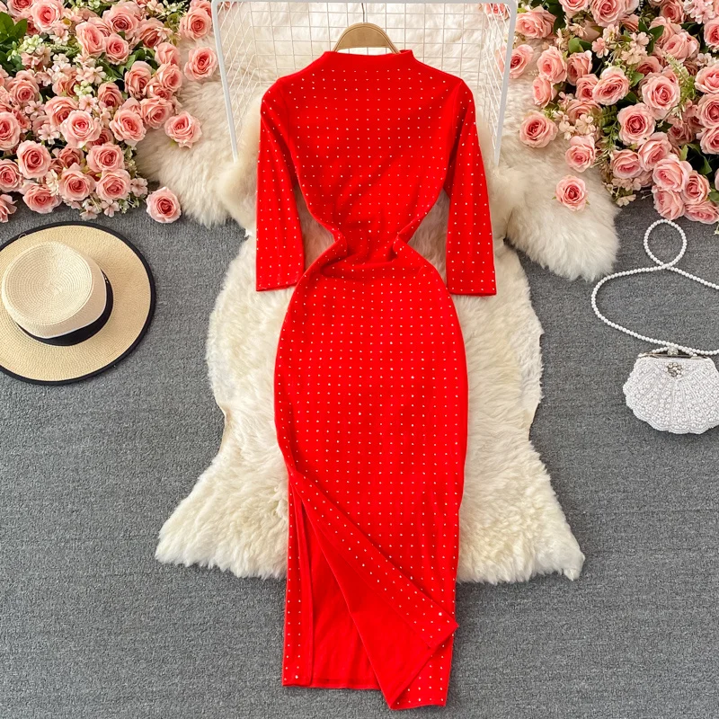 Women Half Sleeve Stand Collar Hot Drill Elastic Tight Dress 2021 Autumn New Fashion Girl Slim Split Hip Wrap Dress
Women Half Sleeve Stand Collar Hot Drill Elastic Tight Dress 2021 Autumn New Fashion Girl Slim Split Hip Wrap Dress