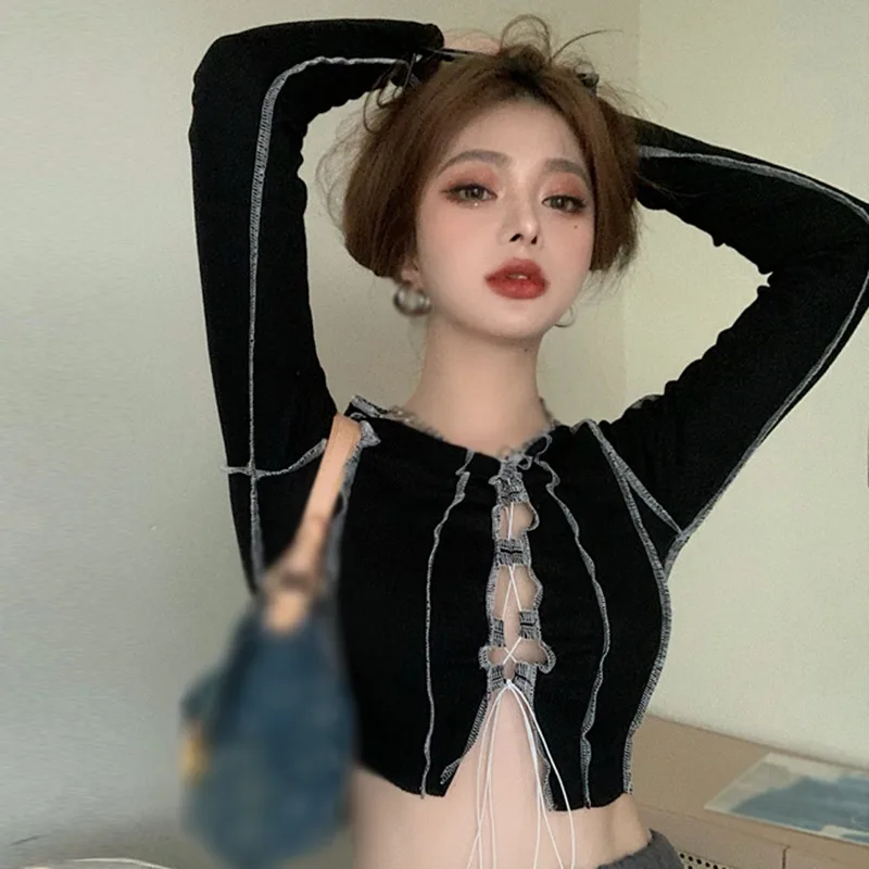 Ladies Slim Navel Exposed Long Sleeved T-Shirt Tops Spring Women's V Neck Hollow Out Patchwork Top Clothes
Ladies Slim Navel Exposed Long Sleeved T-Shirt Tops Spring Women's V Neck Hollow Out Patchwork Top Clothes