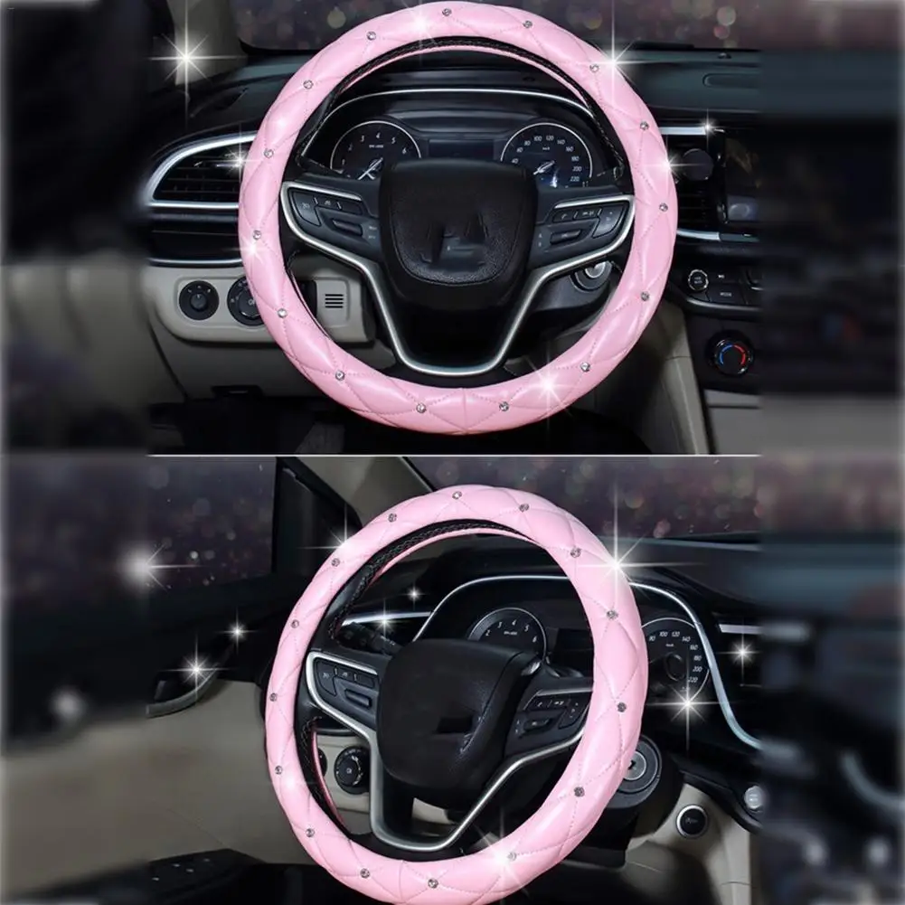 38CM Universal Car Steering Wheel Cover PU Leather Cystal Diamond Steering Wheel Cover Four Seasons Steering Cover
38CM Universal Car Steering Wheel Cover PU Leather Cystal Diamond Steering Wheel Cover Four Seasons Steering Cover