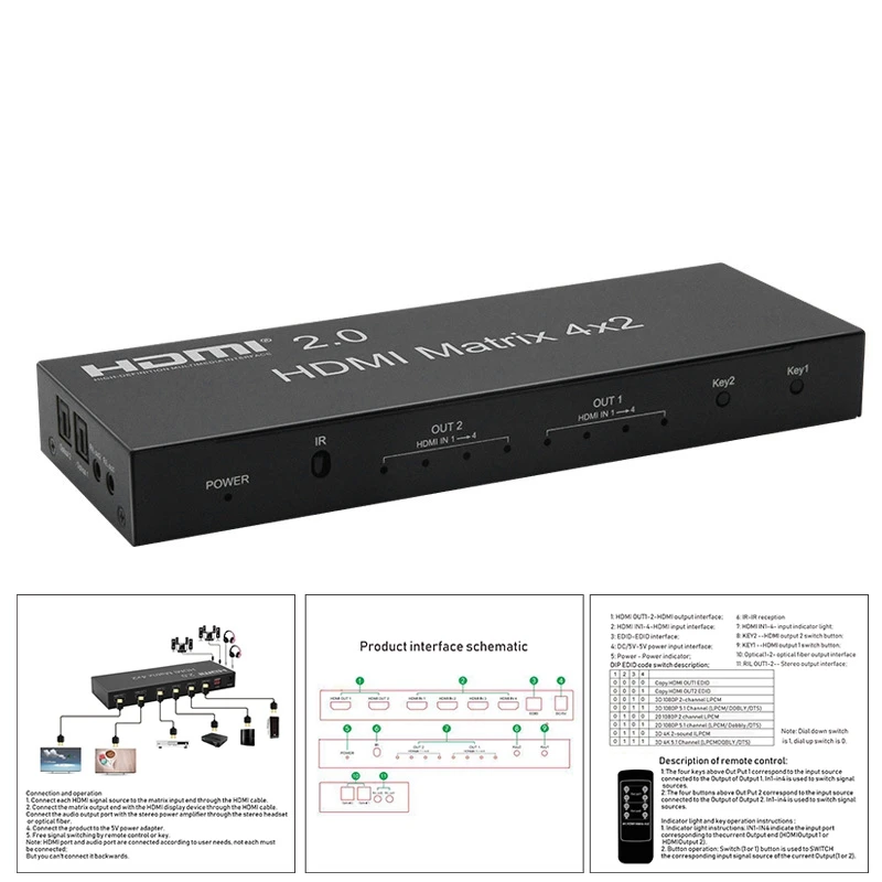HDMI-Compatible Matrix Splitter, 4 Inputs and 2 Outputs 4K@60Hz Hd Switcher That Supports Remote Wake-Up
HDMI-Compatible Matrix Splitter, 4 Inputs and 2 Outputs 4K@60Hz Hd Switcher That Supports Remote Wake-Up