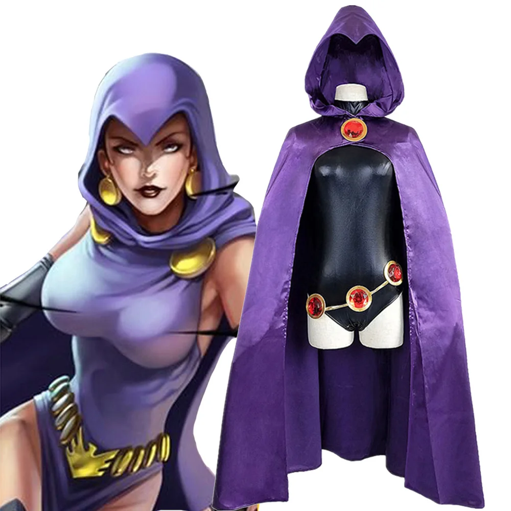 Teen Titans Super Hero Raven Cosplay Costume Women Black Bodysuit Purple Hooded Cloak Jumpsuits Halloween Party Costume
Teen Titans Super Hero Raven Cosplay Costume Women Black Bodysuit Purple Hooded Cloak Jumpsuits Halloween Party Costume