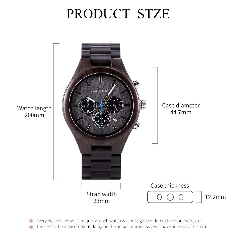 BOBO BIRD Men Wooden Chronograph Watch 2021 Luxury Handmade Ebony Wood Calendar Wristwatch Spain Warehouse Dropshipping Gift Box
BOBO BIRD Men Wooden Chronograph Watch 2021 Luxury Handmade Ebony Wood Calendar Wristwatch Spain Warehouse Dropshipping Gift Box