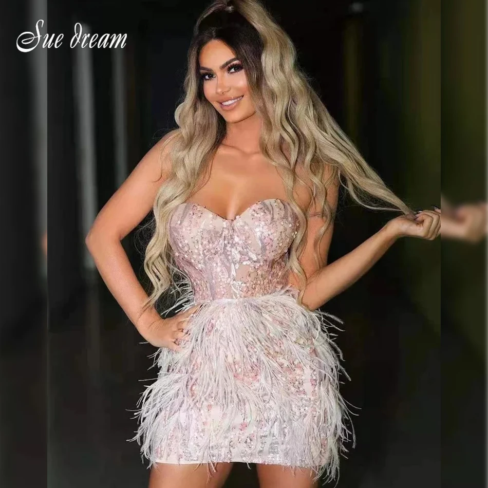 High Quality Pink Sequin Feather Mini Dress 2021 New Fashion Strapless Night Club Party Bodycon Dress Vestidos
High Quality Pink Sequin Feather Mini Dress 2021 New Fashion Strapless Night Club Party Bodycon Dress Vestidos