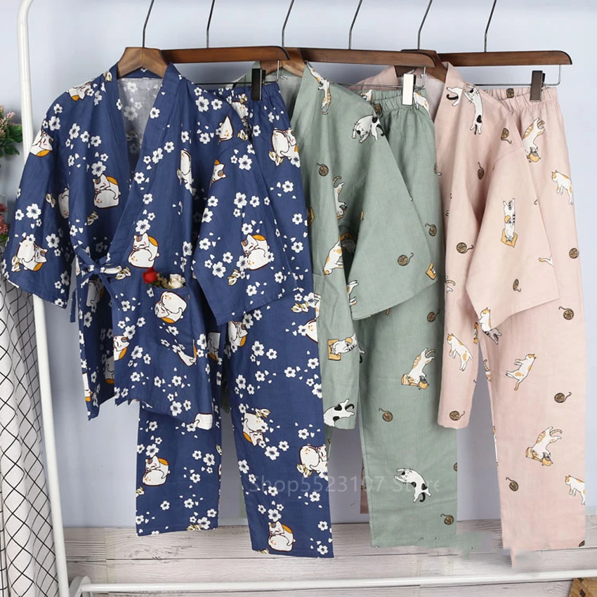 Cartoon Cat Women Pajamas Japanese Traditional Kimono Men Spa Sauna Bathing Sleepwear Cotton Yukata Harajuku Tops Trousers Suit
Cartoon Cat Women Pajamas Japanese Traditional Kimono Men Spa Sauna Bathing Sleepwear Cotton Yukata Harajuku Tops Trousers Suit