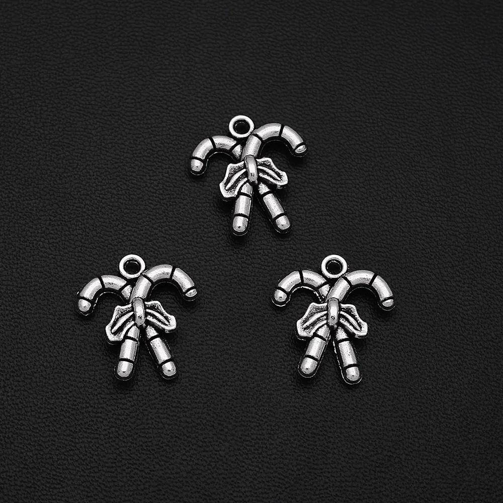 

10pcs/Lots 17x19mm Antique Silver Plated Christmas Candy Charms Vintage Cane Pendants For DIY Bangles Jewelry Making Finding