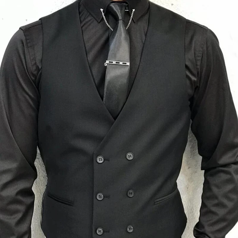 Мужской деловой черный жилет с двубортным V-образным вырезом цельный мужской