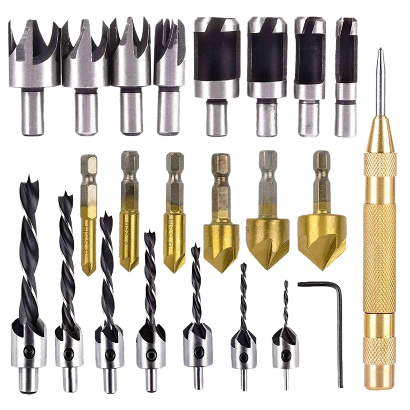 23-Pack Woodworking Chamfer Drilling Tool Countersink Drill Bits Wood Plug Cutter And Automatic 
23-Pack Woodworking Chamfer Drilling Tool Countersink Drill Bits Wood Plug Cutter And Automatic