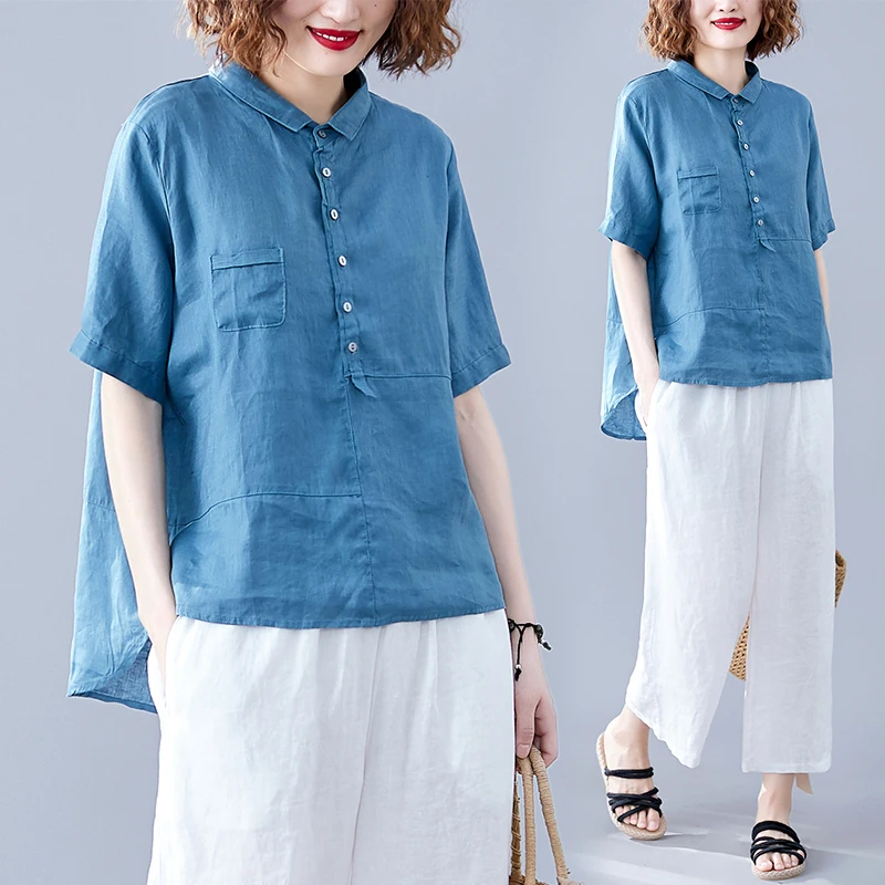 Cotton Linen Thin Blue Women Shirts 2020 Summer Vintage All Match Loose Short-Sleeved Female Shirts Outwear Coat Tops
Cotton Linen Thin Blue Women Shirts 2020 Summer Vintage All Match Loose Short-Sleeved Female Shirts Outwear Coat Tops