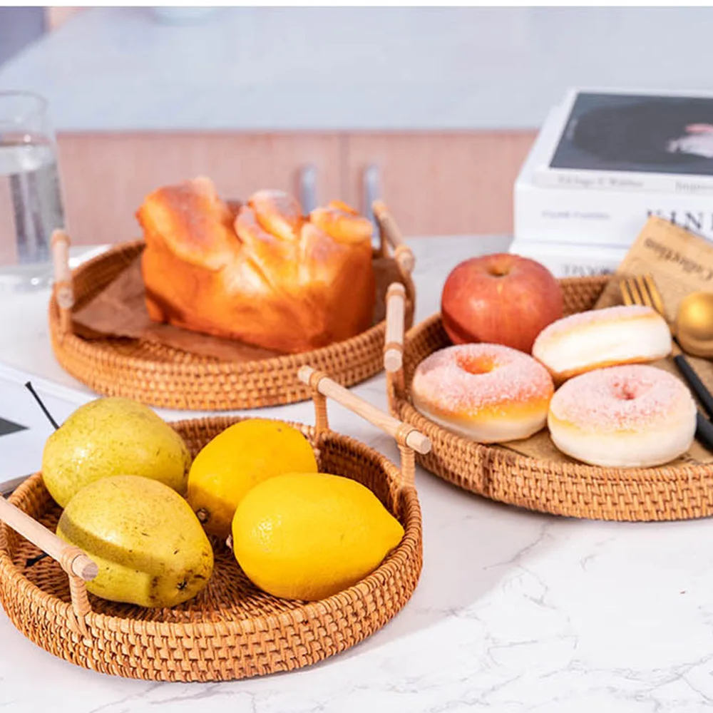 Hand-Woven Round Rattan Tray Portable Fruit Snacks Food Breakfast Display Storage Wicker Basket Organizer With Handle
Hand-Woven Round Rattan Tray Portable Fruit Snacks Food Breakfast Display Storage Wicker Basket Organizer With Handle