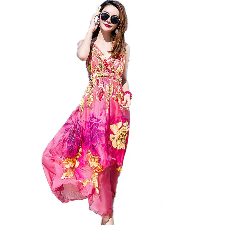 2021 Summer Silk Dress V-neck Printing Condole Belt Backless Mulberry Silk Big Pendulum Bohemian Beach Dresses for Women
2021 Summer Silk Dress V-neck Printing Condole Belt Backless Mulberry Silk Big Pendulum Bohemian Beach Dresses for Women